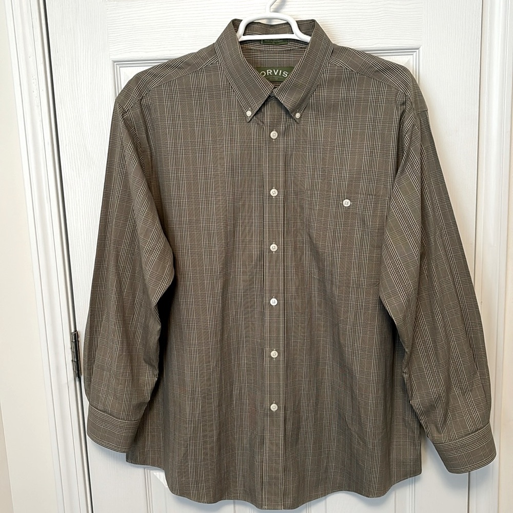 Men’s Orvis 100% Cotton Button Down Shirt Brown Plaid Size XL